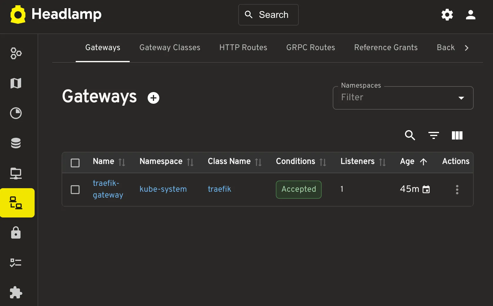 Gateways tab on Headlamp Headlamp dashboard with Gateways tab active