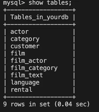 Query result of SHOW TABLES; for the source database in Aurora MySQL Query result of SHOW TABLES; for the source database in Aurora MySQL