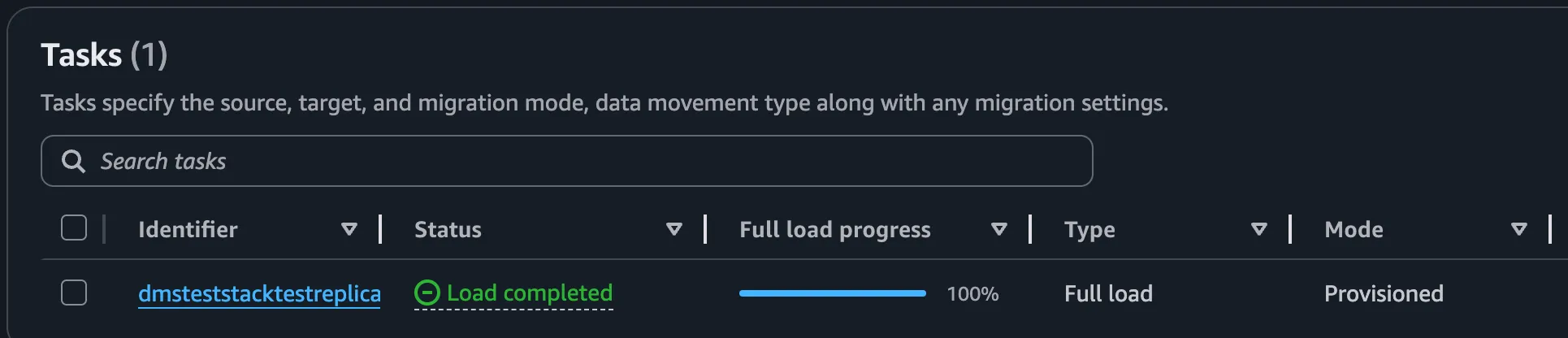 The DMS task in the AWS Console The DMS task in the AWS Console