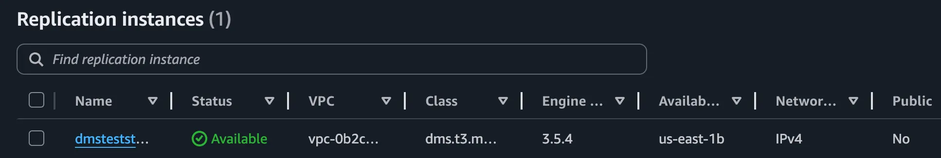 Replication Instance in the AWS Console Replication Instance in the AWS Console