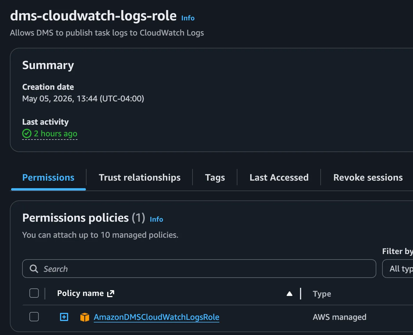 dms-cloudwatch-logs-role in the AWS Console dms-cloudwatch-logs-role in the AWS Console
