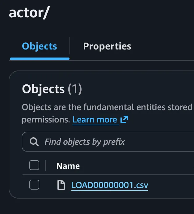 Open 'actor' folder in the S3 target bucket in the AWS Console Open 'actor' folder in the S3 target bucket in the AWS Console