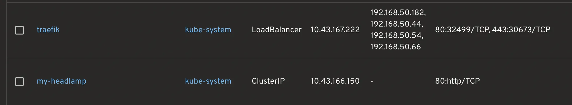 Traefik service is of type LoadBalancer while my-headlamp service is of type ClusterIP Traefik service is of type LoadBalancer while my-headlamp service is of type ClusterIP in this table